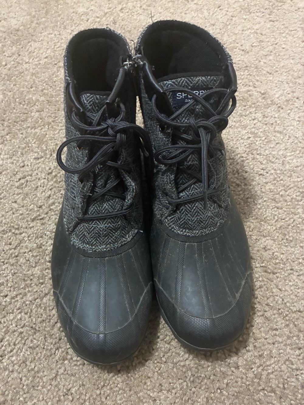 Sperry Black and Gray Herringbone Lace-Up Duck Boots